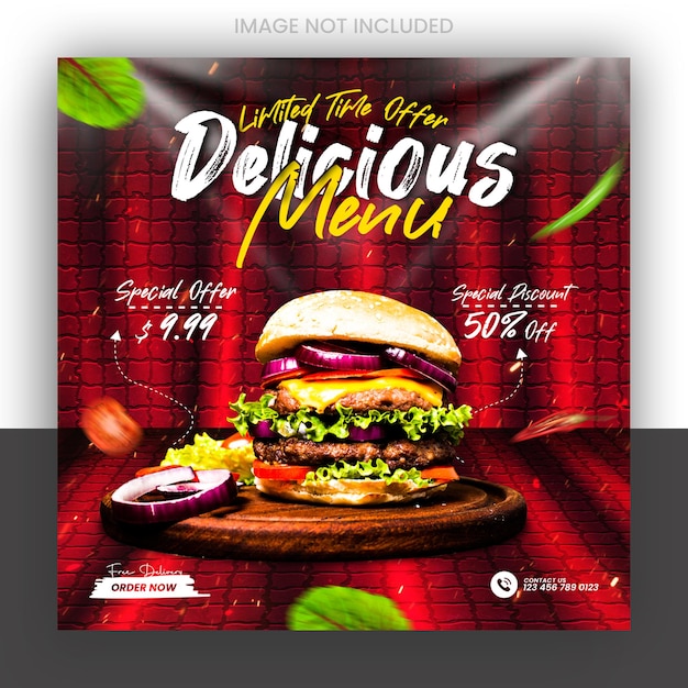 Delicious burger and food menu social media banner