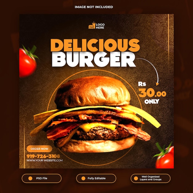 Delizioso menu di hamburger e cibo post sui social media o modello di post di instagram