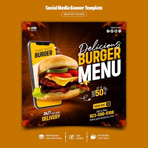 Delizioso menu di hamburger e cibo per social media post template premium psd