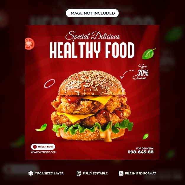 Delizioso hamburger e menu di cibo design del modello di banner di promozione sui social media