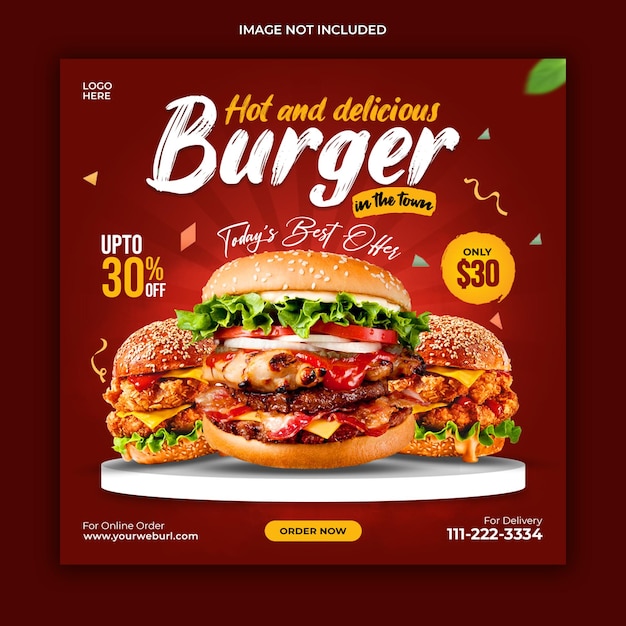 Delizioso modello di banner di promozione sui social media del menu di hamburger e cibo