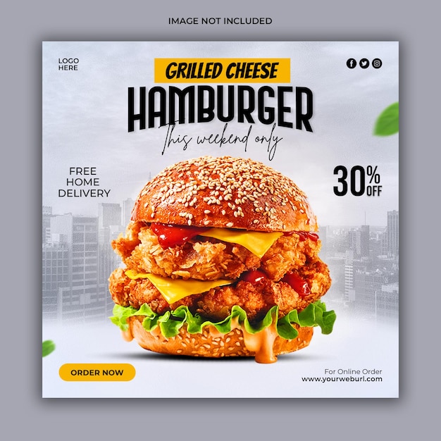 Delizioso modello di banner di promozione sui social media del menu di hamburger e cibo