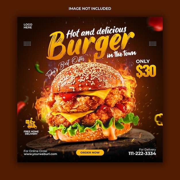 PSD delizioso modello di banner di promozione sui social media del menu di hamburger e cibo
