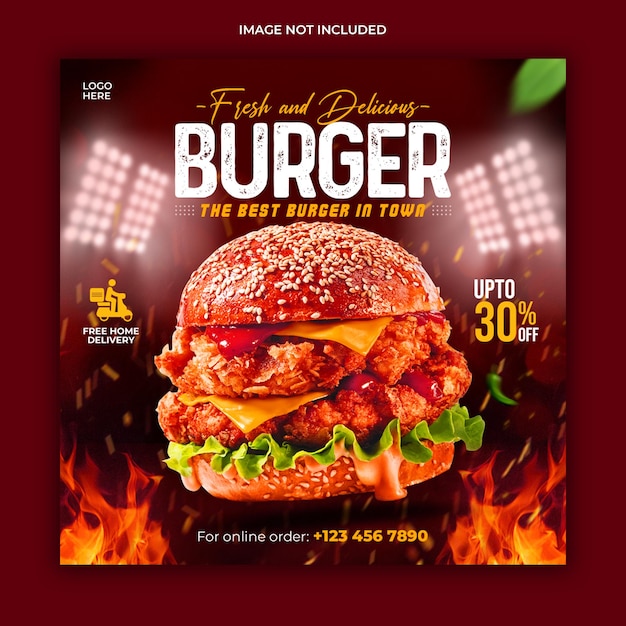Delizioso modello di banner di promozione sui social media del menu di hamburger e cibo