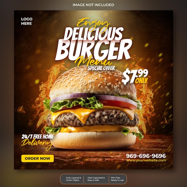 PSD delicious burger and food menu social media promotion banner template