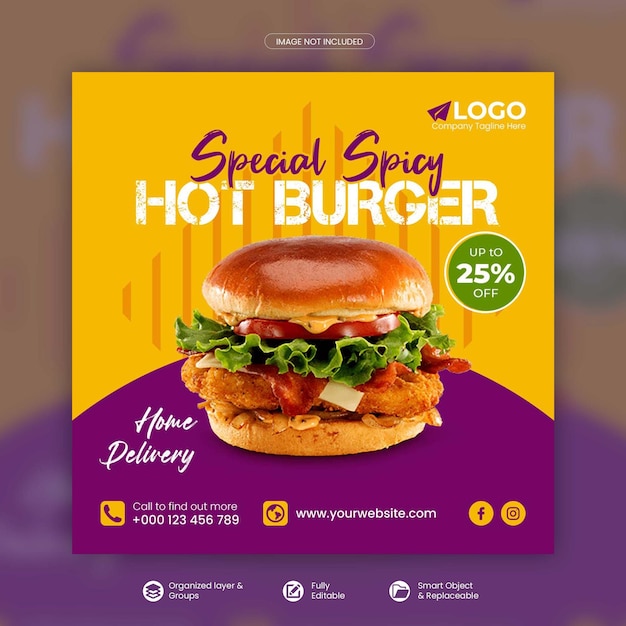 Delizioso hamburger e cibo menu promozione sui social media banner quadrato modello psd