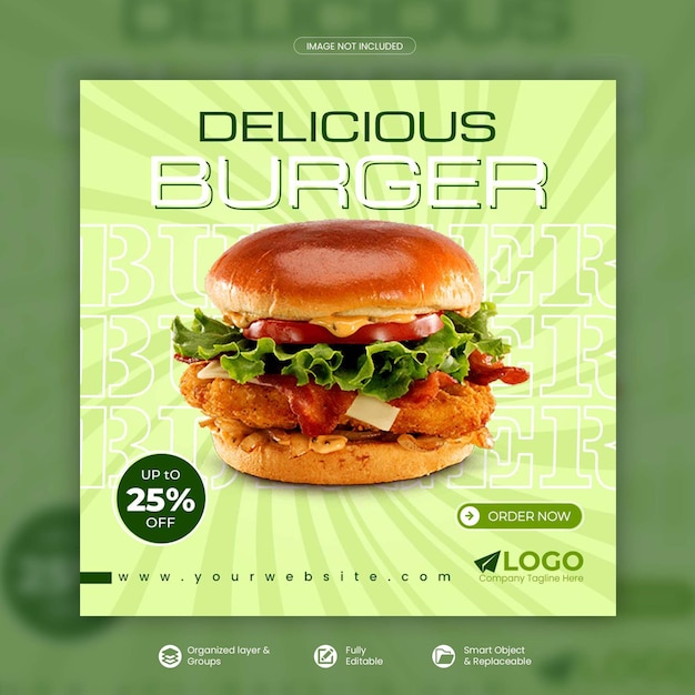 Delizioso hamburger e cibo menu promozione sui social media banner quadrato modello psd