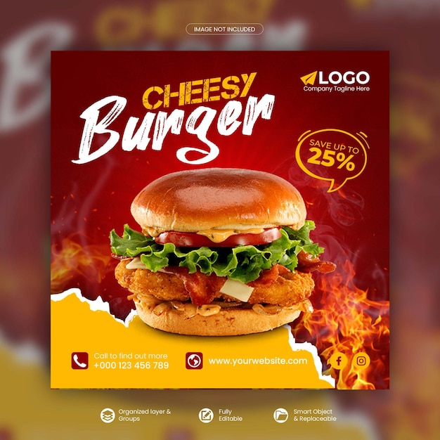 Delicious burger and food menu social media promotion square banner psd template