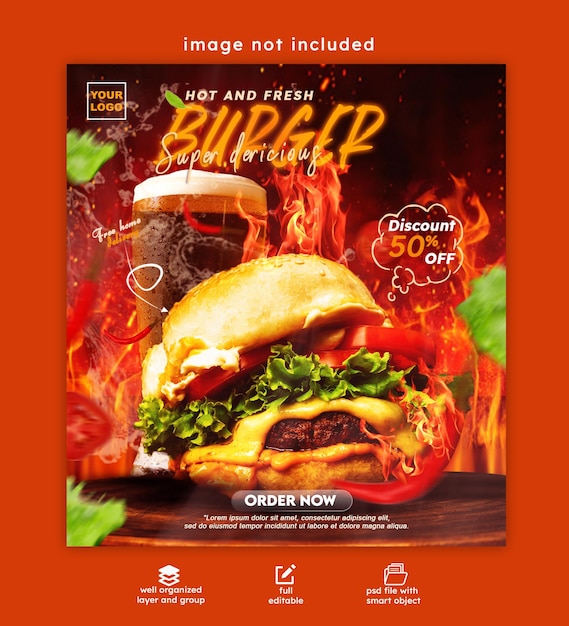 Delicious burger and food menu social media promotion square banner template free psd Premium Psd