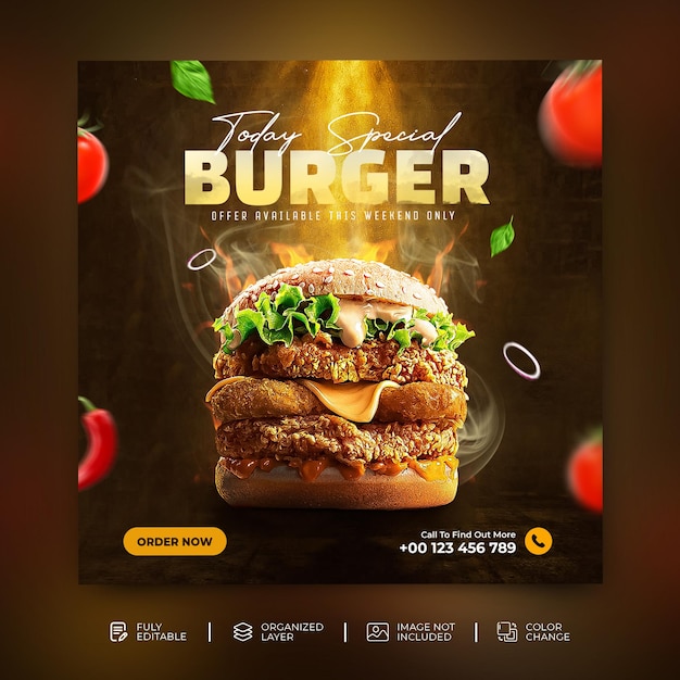 PSD delizioso hamburger e menu di cibo promozione sui social media modello banner quadrato psd