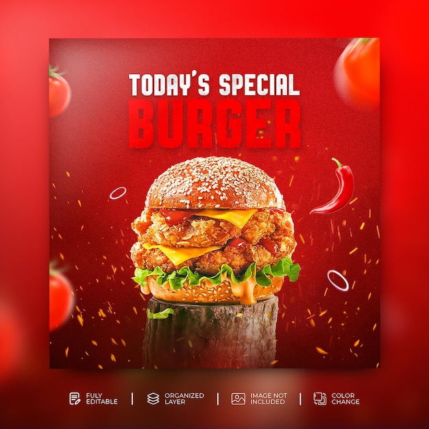 PSD delizioso hamburger e menu di cibo promozione sui social media modello banner quadrato psd