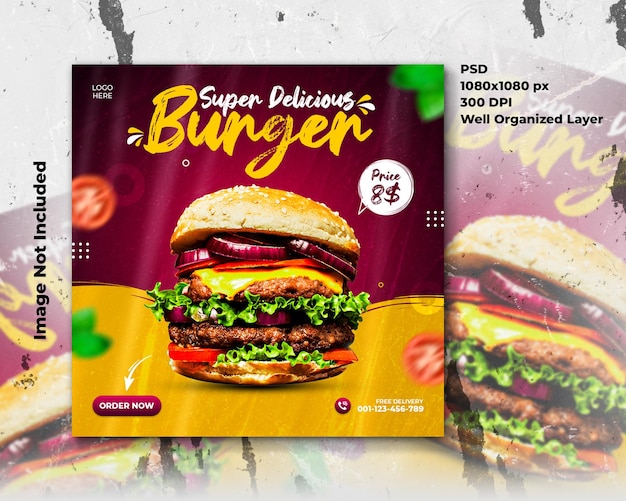 Modello di banner quadrato per la promozione dei social media del menu delizioso di hamburger e cibo