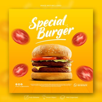 Modello di banner quadrato per la promozione dei social media del menu delizioso di hamburger e cibo