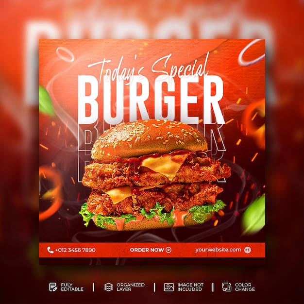 Modello di banner post quadrato social media delizioso menu di cibo e hamburger psd gratuite Psd Premium