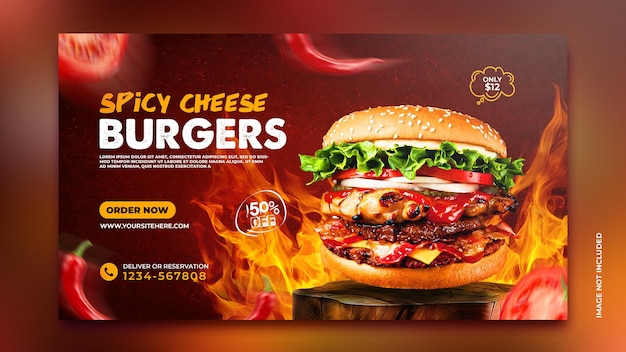 Delizioso hamburger e menu di cibo banner web modello di post di promozione dei social media psd gratuite