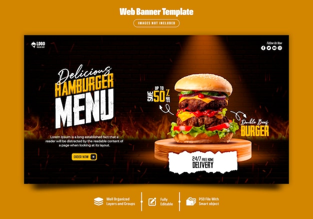 delicious burger and food menu web banner template premium psd