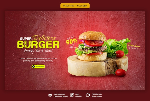 PSD modello delizioso dell'insegna di web del menu dell'alimento e dell'hamburger