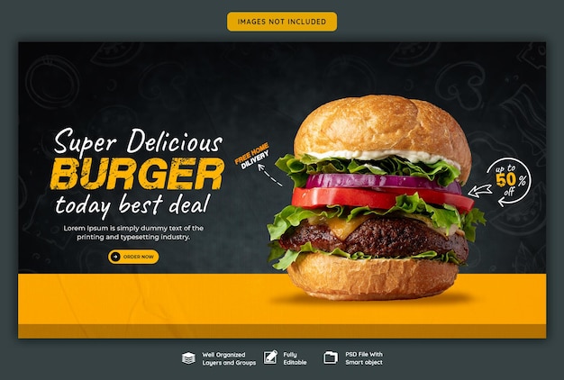 Вкусный гамбургер и еда меню веб-баннер шаблон
