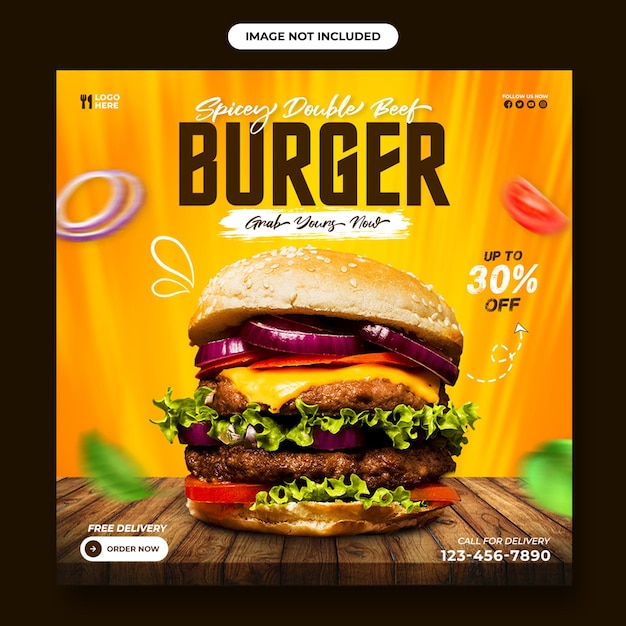 Вкусный бургер еда баннер в социальных сетях шаблон поста в instagram и дизайн флаера о еде