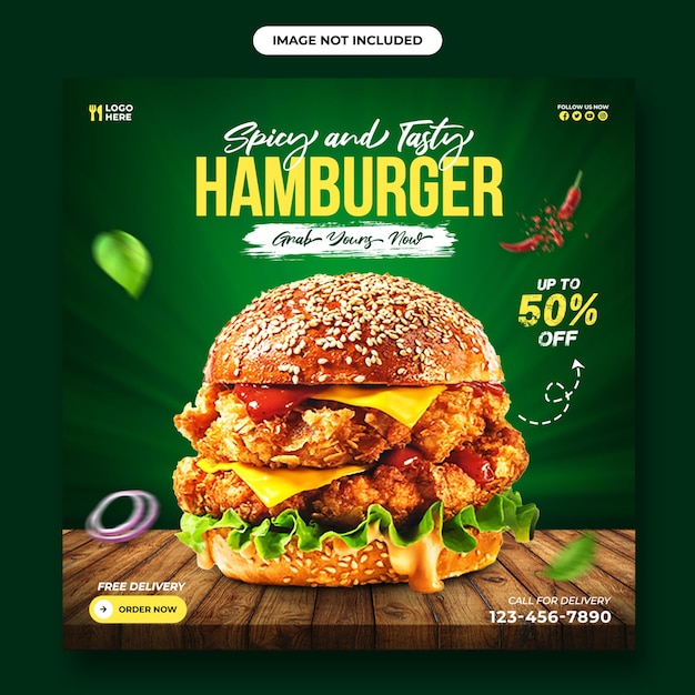 Hamburger delizioso Banner di social media alimentare Modello di post Instagram e design di volantino alimentare