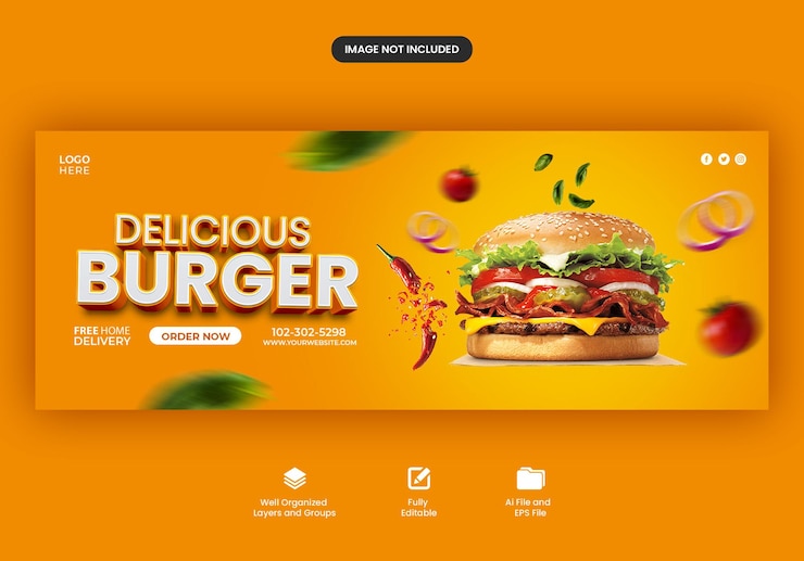 PSD шаблон дизайна обложки facebook для продвижения вкусной гамбургерной еды в социальных сетях