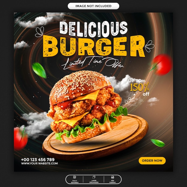 PSD delicious burger food social media promotion and instagram banner post design template