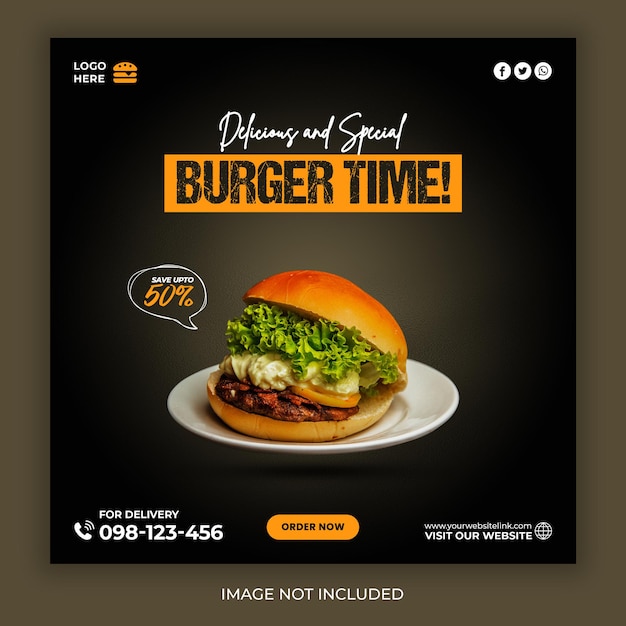 Delicious burger food social media promotion and instagram banner post design template