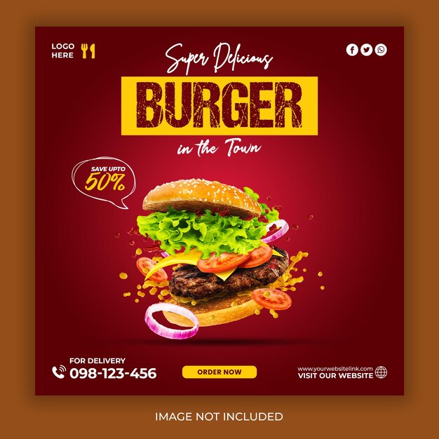 PSD delicious burger food social media promotion and instagram banner post design template