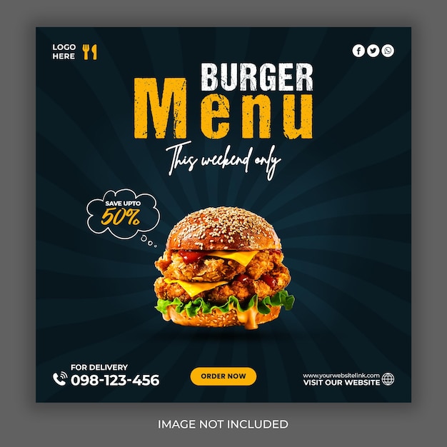 Delicious burger food social media promotion and instagram banner post design template