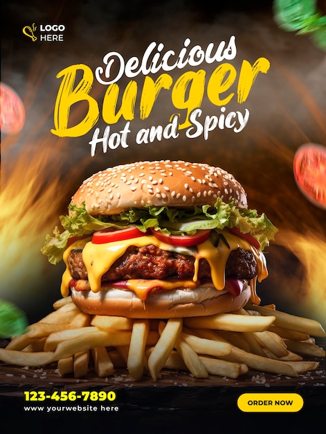 Delizioso hamburger su patatine fritte cibo social media e modello di progettazione post banner instagram