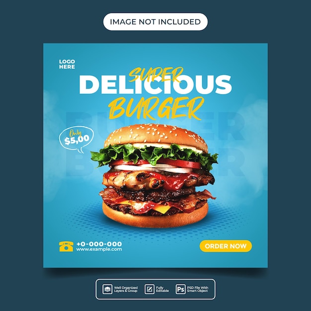 Delizioso menu di hamburger post sui social media o modello di banner volantino quadrato
