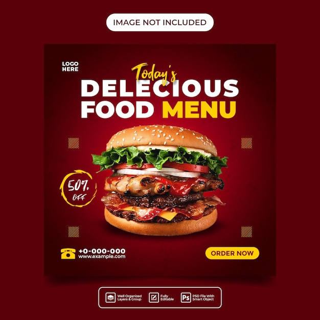 PSD delizioso menu di hamburger post sui social media o modello di banner volantino quadrato