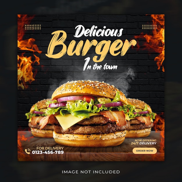 delicious burger menu social media post template for instagram