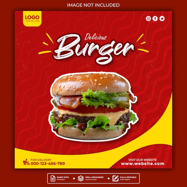 Delizioso post instagram promozionale hamburger o modello di social media banner web quadrato
