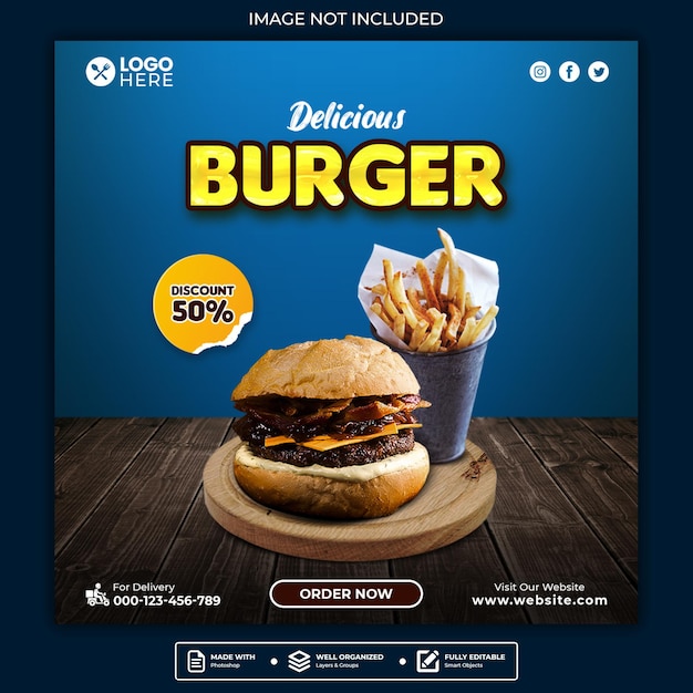 Delicious burger promo instagram post or square web banner social media template