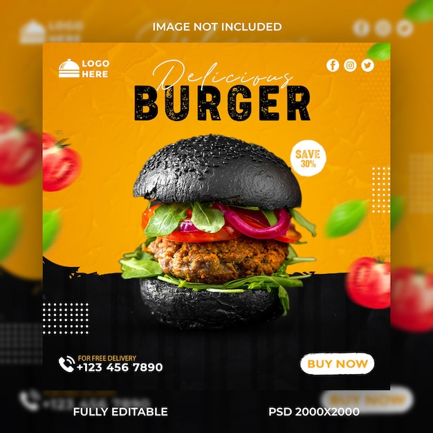 Modello di post sui social media del menu di cibo di promozione di hamburger delizioso