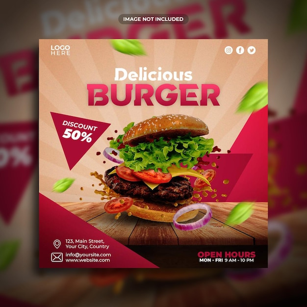 Post di instagram di promozione di hamburger delizioso o modello di social media banner web quadrato