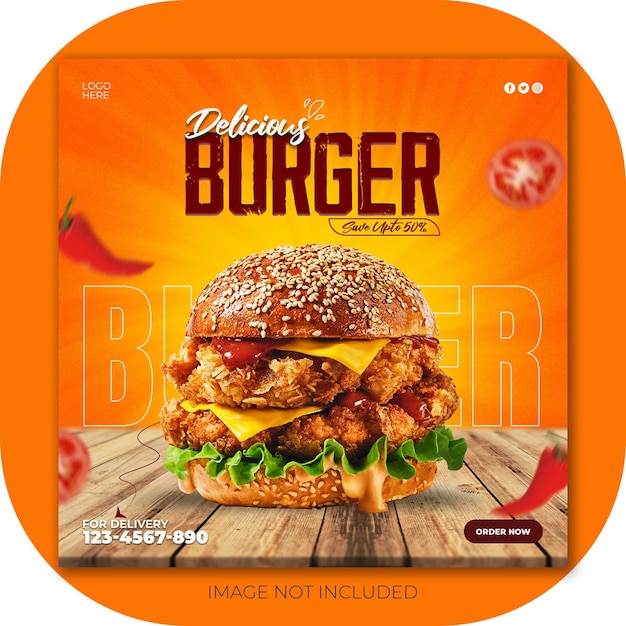 Вкусный бургер и рекламное меню еды в социальных сетях