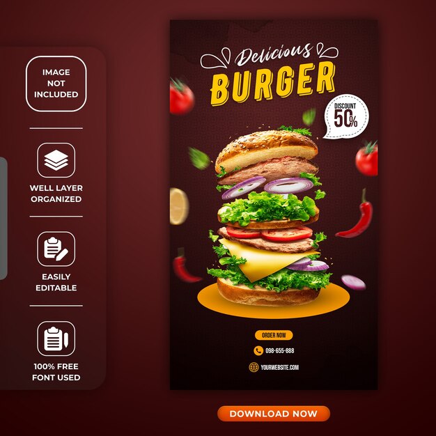 Modello di storia instagram delizioso hamburger o ristorante