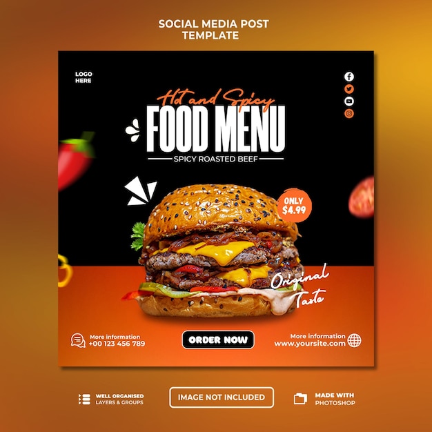 PSD delicious burger restaurant post social media template