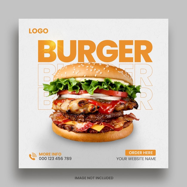 맛있는 햄버거 레스토랑 소셜 미디어 포스트 또는 웹 배너 디자인