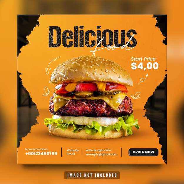 Delicious Burger restaurant social media promotion and Instagram post template Premium Psd