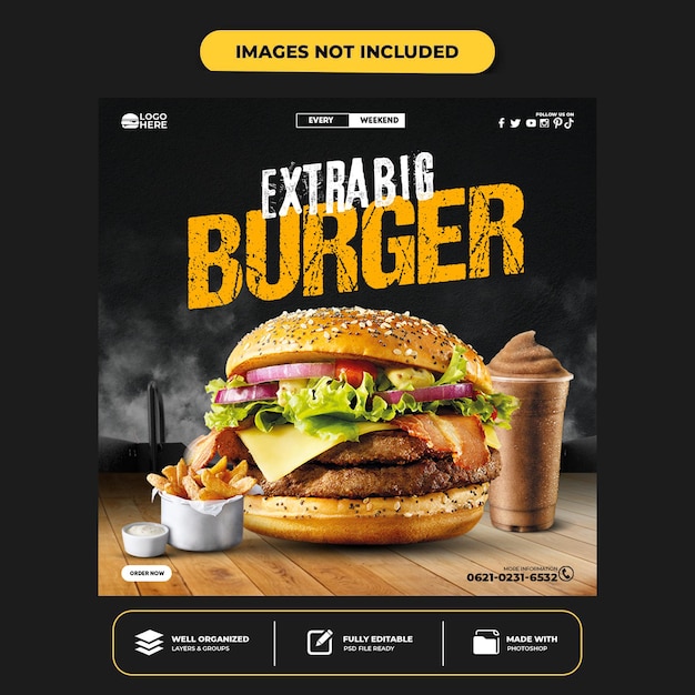 PSD delicious burger social media instagram post banner template