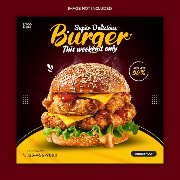 Delicious burger modello di banner pubblicitario post sui social media