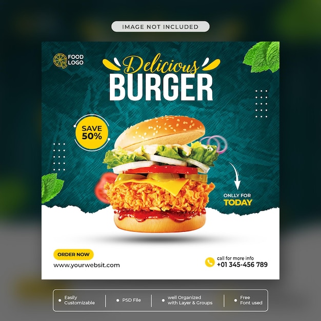 PSD delicious burger social media post banner design template