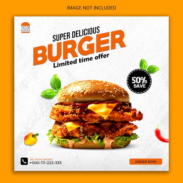 Delicious burger social media post banner design.