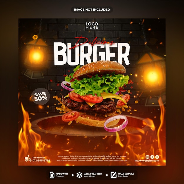 Delicious burger social media post template design