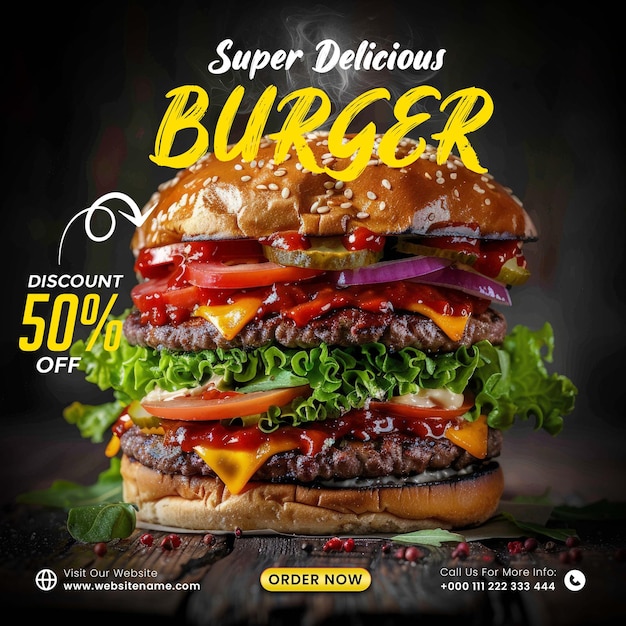 PSD delicious burger social media post template for restaurant