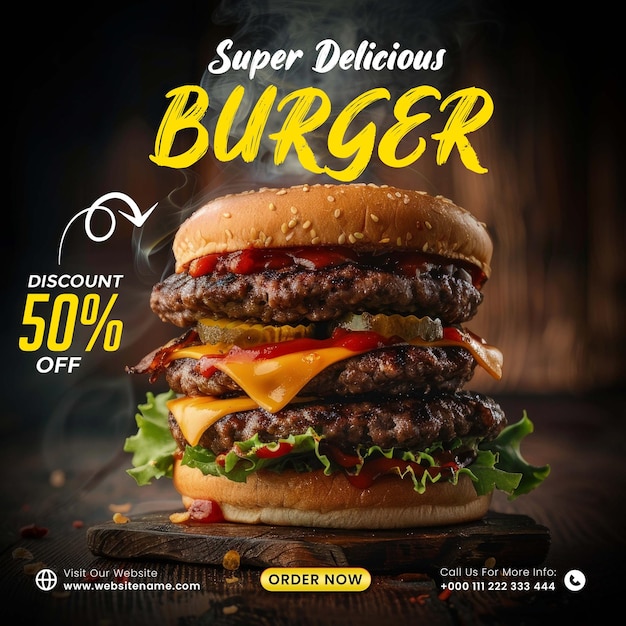 Delicious burger social media post template for restaurant