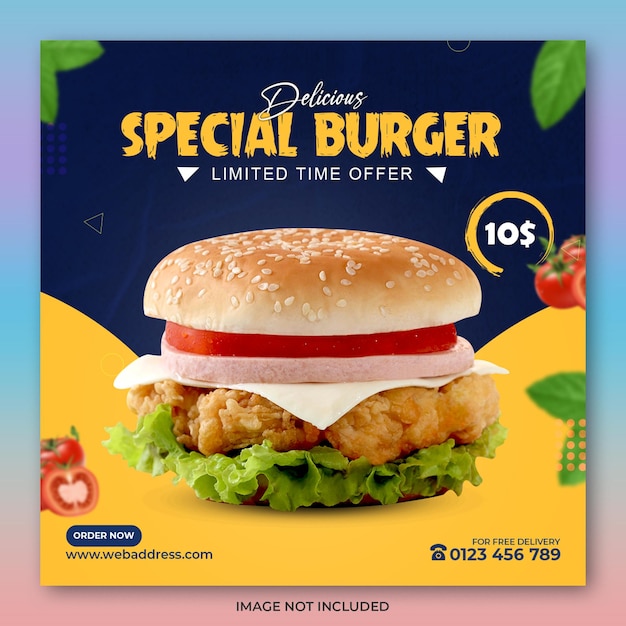 Delicious burger social media post template for restaurant